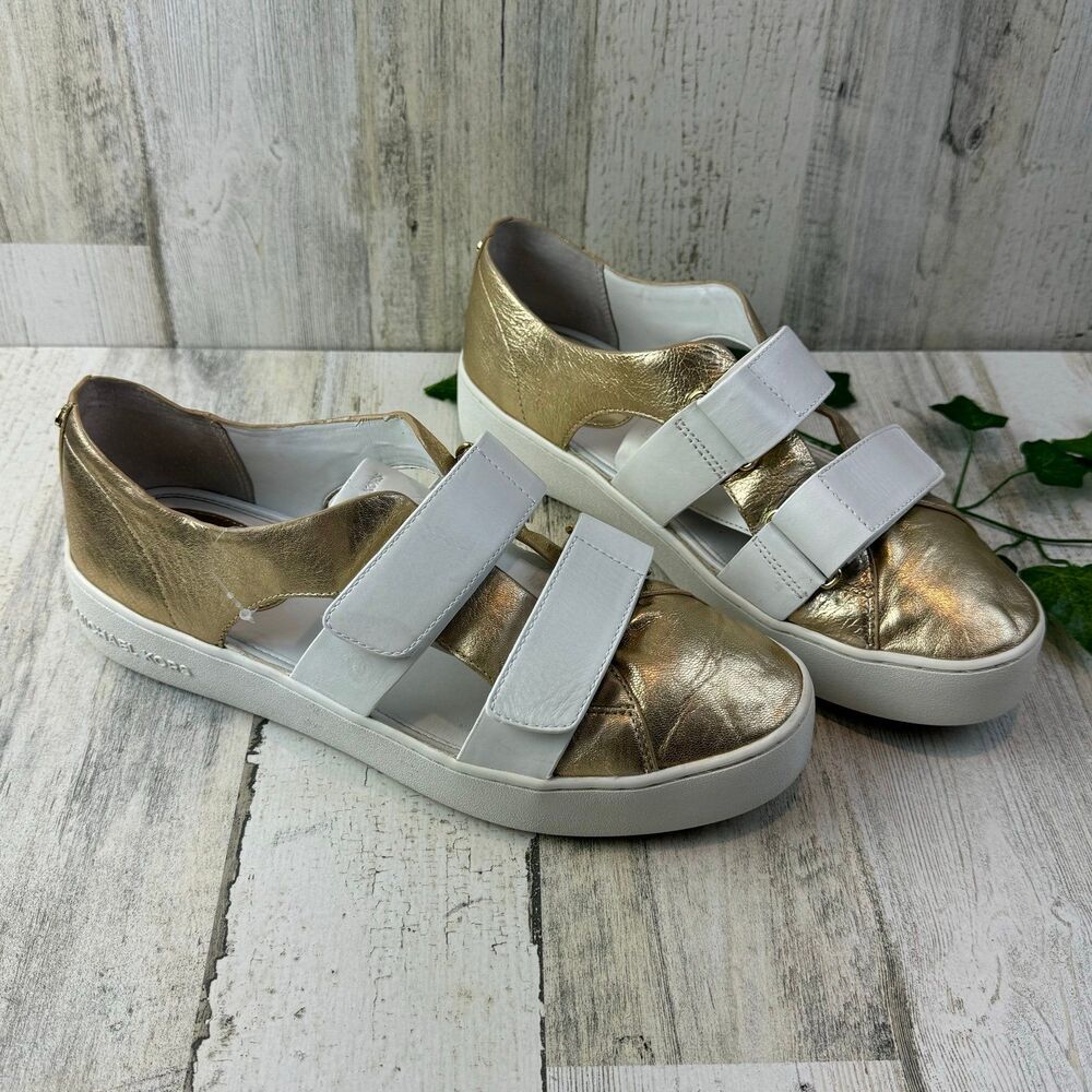 Michael Kors Ladies Size 10M Hj16L Leather w/ Rubber Sole Shoes Gold & White